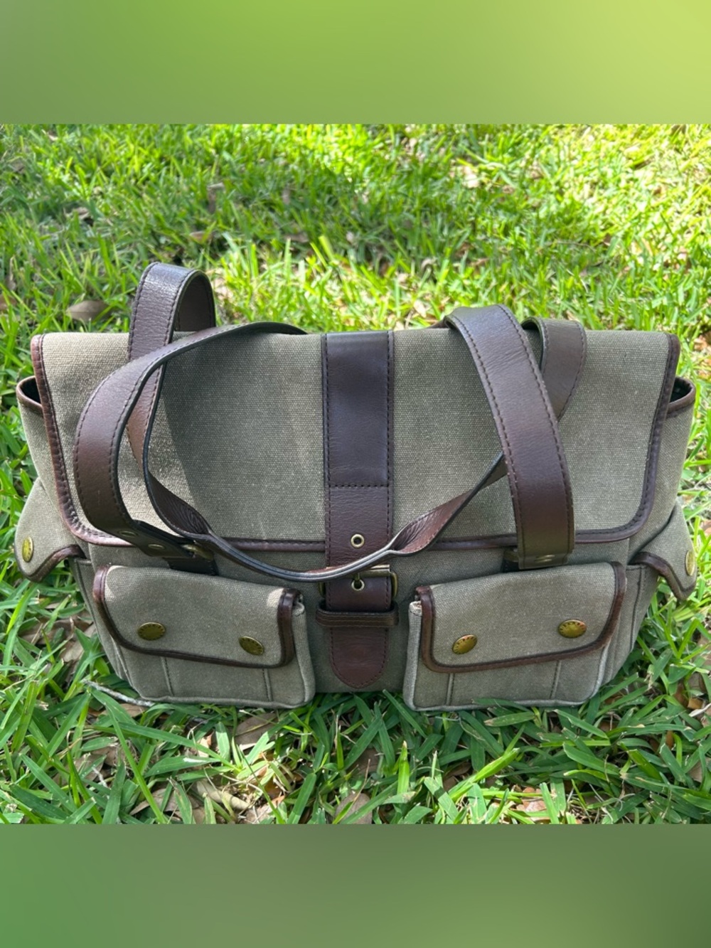Vintage Barbour Olive Canvas Messenger Bag with Brown Leather Trim